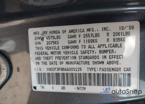 2010 Honda Accord 3.5 Ex-L from USA, damaged, VIN 1HGCP3F88AA005225